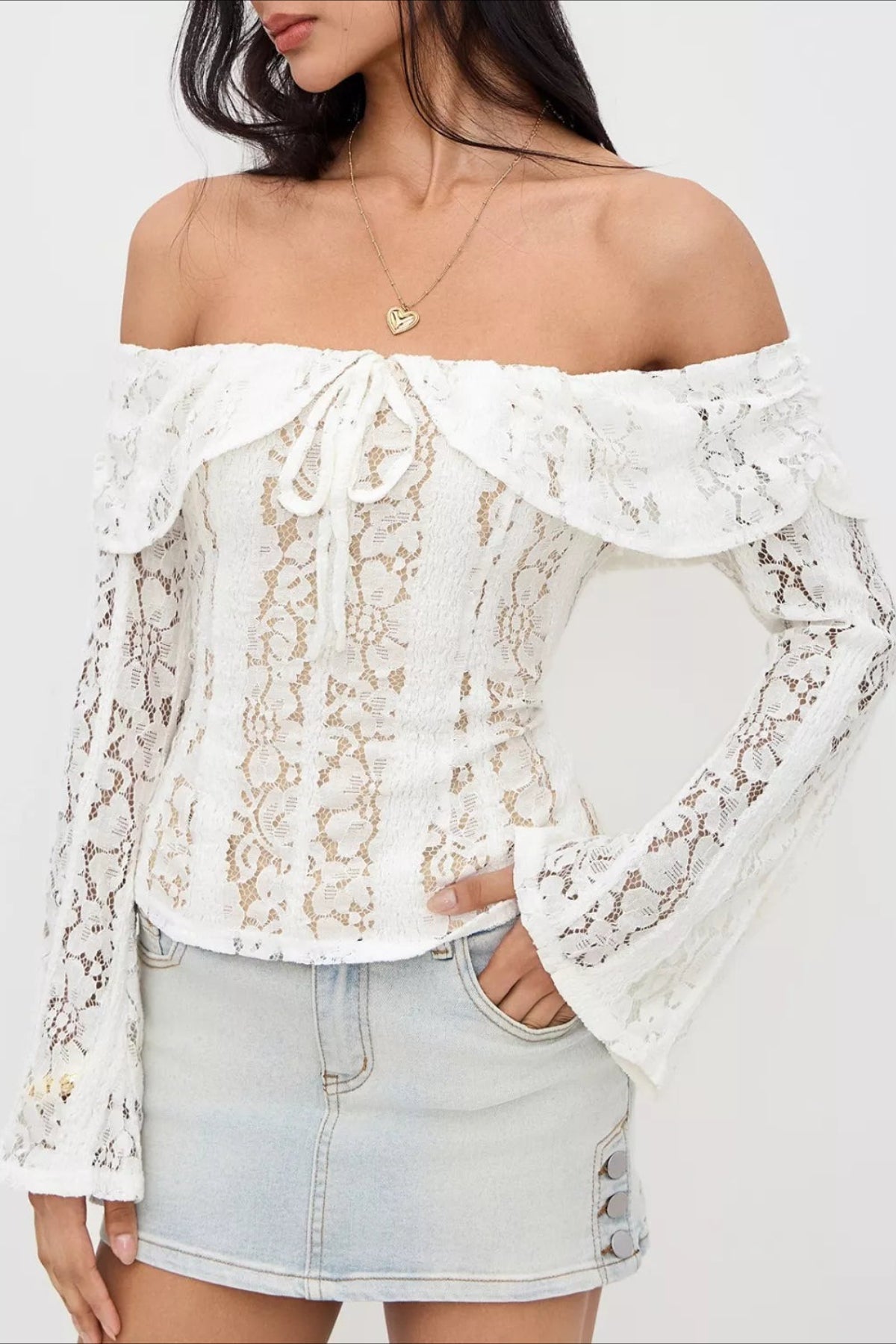Off Shoulder Floral Lace Tie Front Bell Sleeve Top