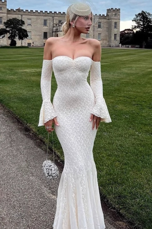 Lace Off Shoulder Sweetheart Bell Sleeve Mermaid Gown