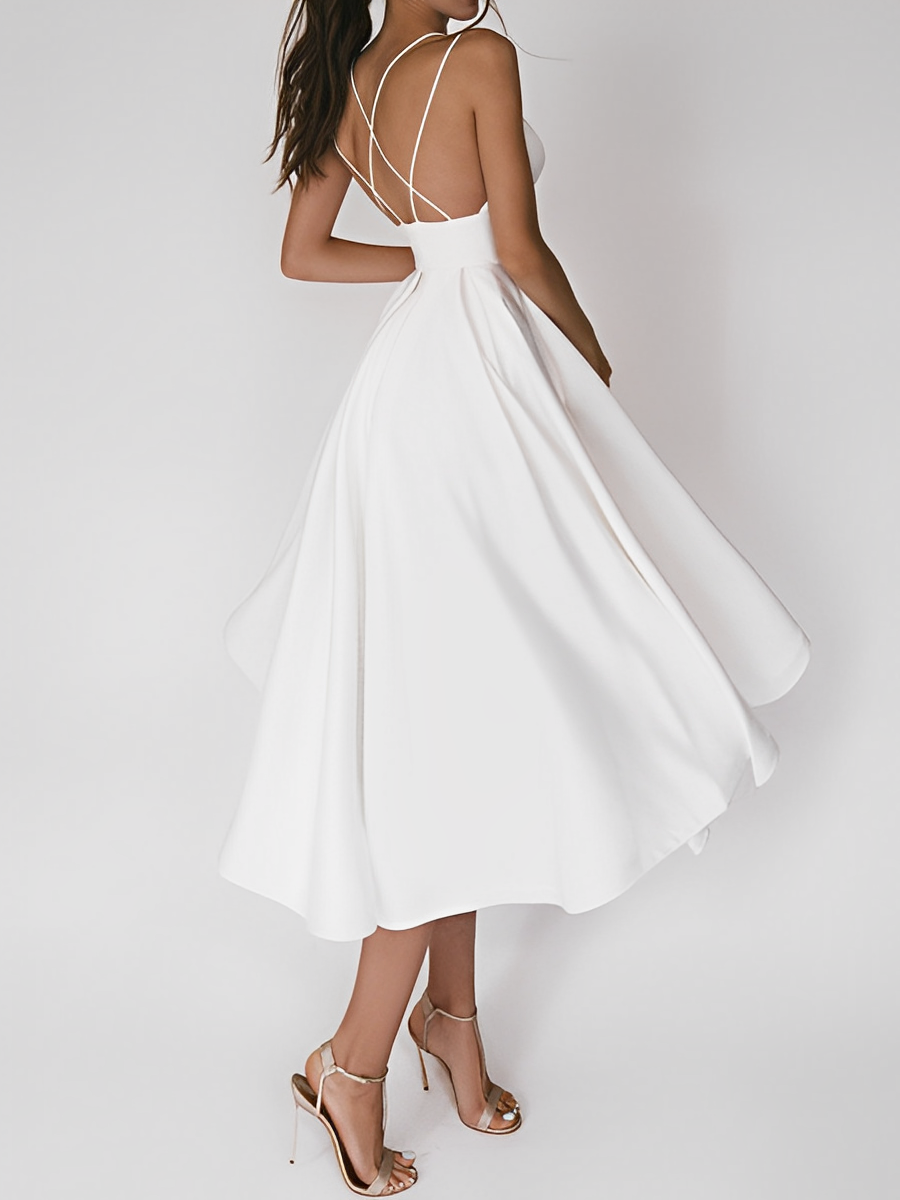 Cross Back Spaghetti Strap Open Back Fit and Flare A-Line Midi Dress