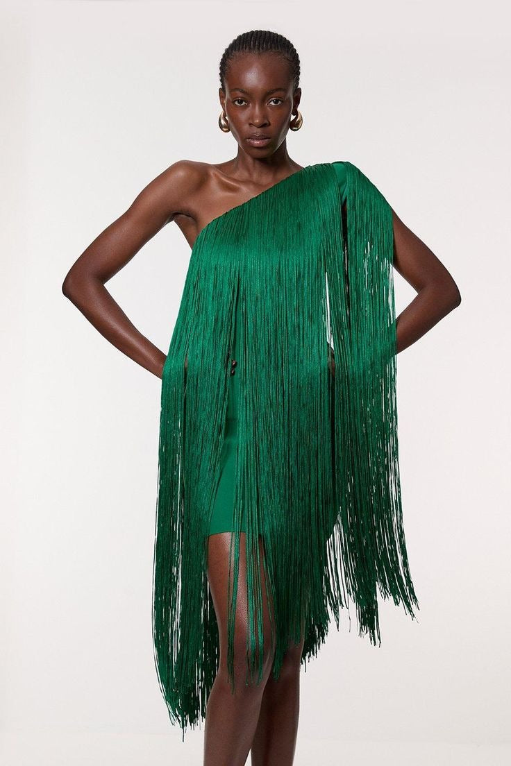 One Shoulder Fringe Overlay Bodycon Mini Cocktail Dress