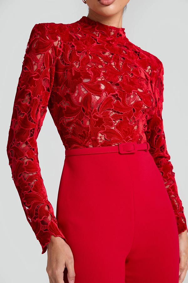 Floral Lace Long Sleeve High Neck Belted Flare Jumpsuit