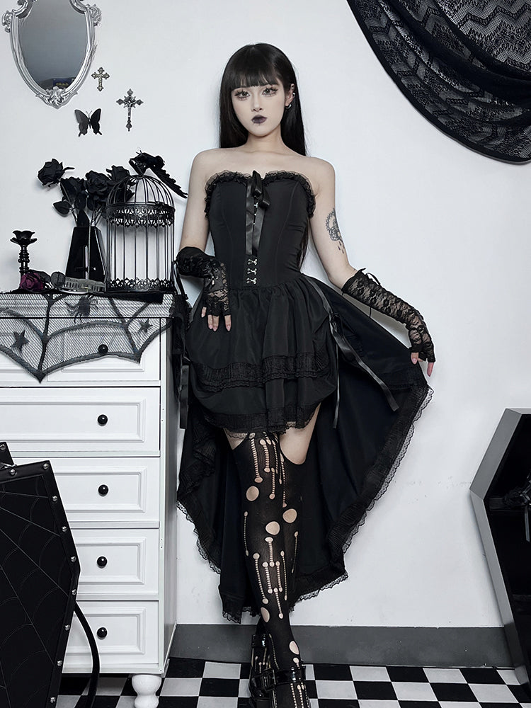 Strapless Corset Lace Trim High Low Ruffle Mini Dress