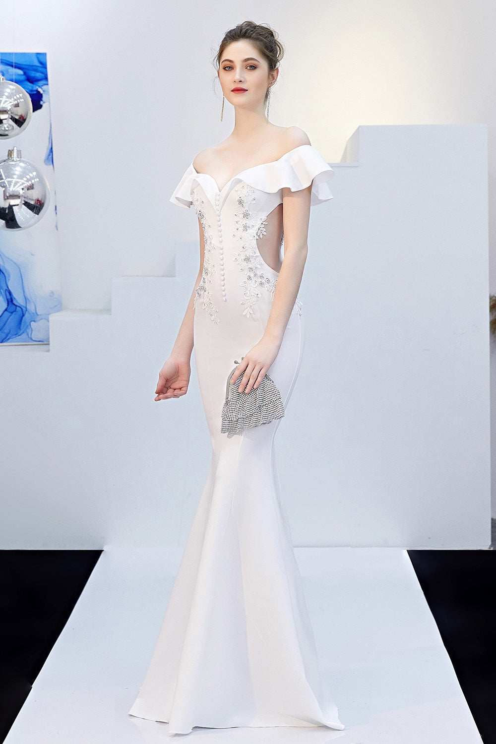 Off Shoulder Ruffle Beaded Mermaid Formal Gown