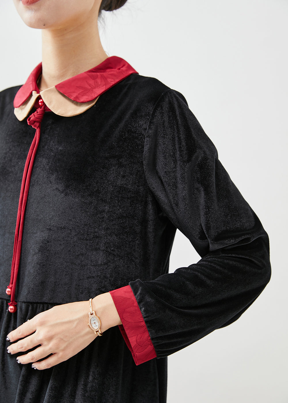 Velvet Peter Pan Collar Contrast Cuff Tie Neck Long Sleeve Empire Midi Dress