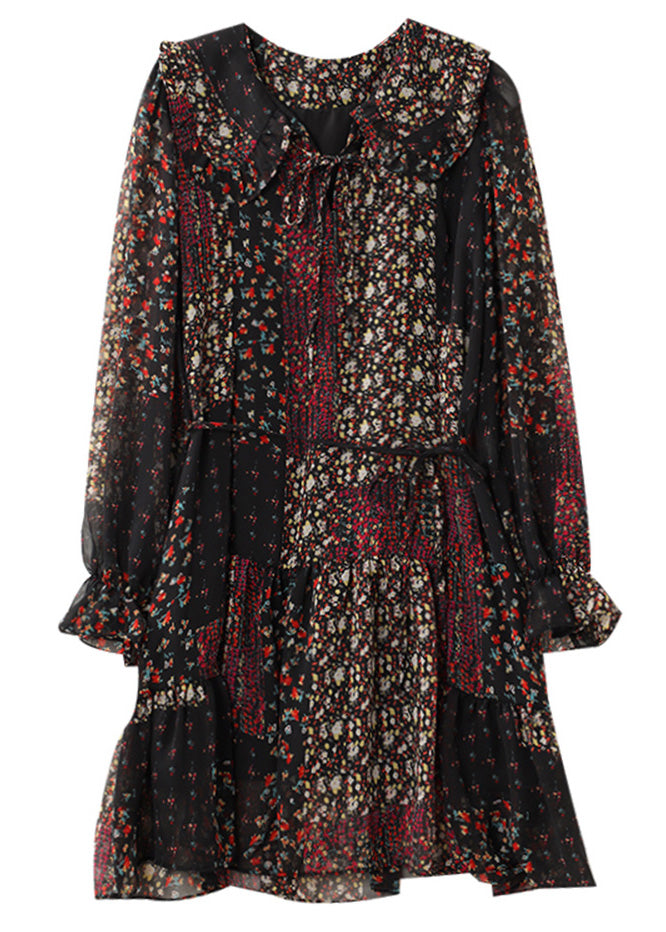 Chiffon Ruffle Trim V-Neck Long Sleeve Tiered Floral Mini Dress