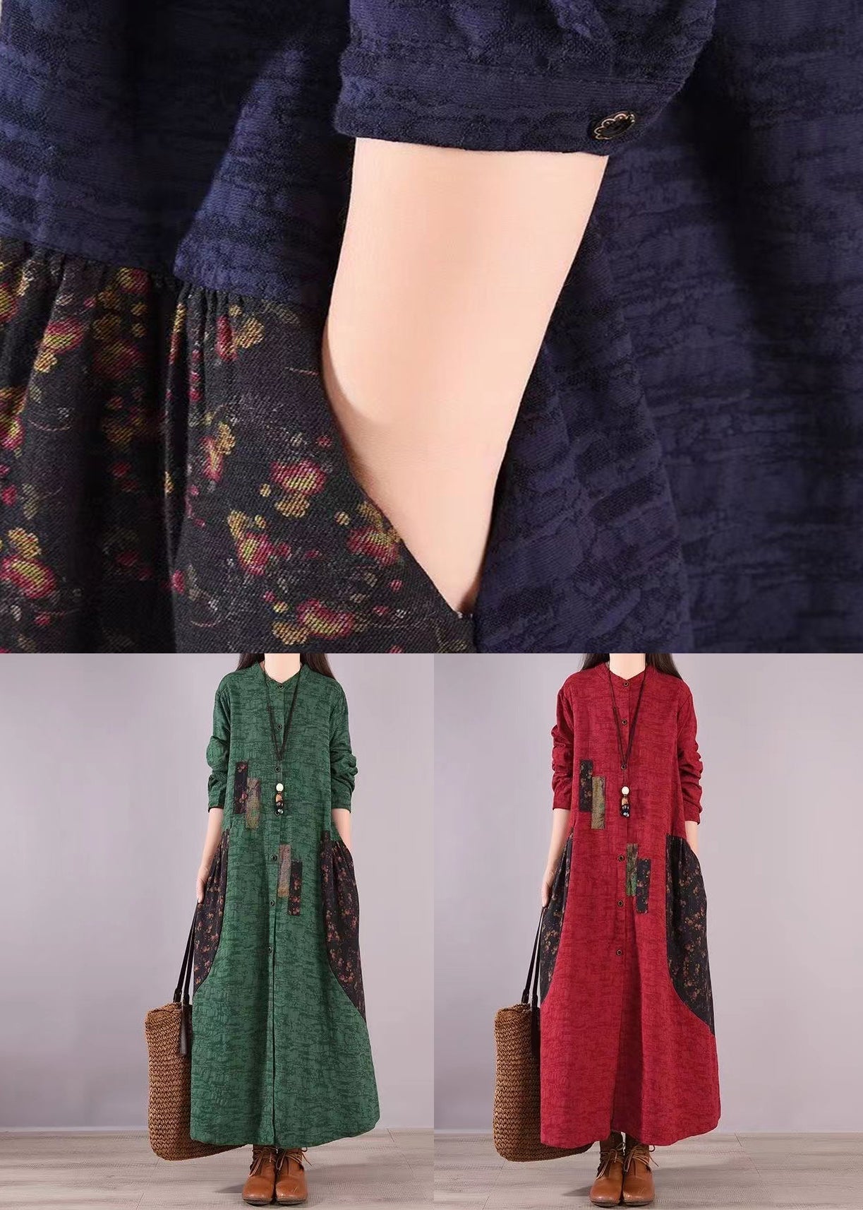 Linen Stand Collar Button Front Patchwork Panel Pocket Maxi Dress