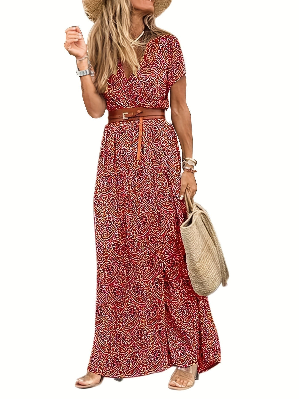 Paisley V-Neck Short Sleeve Belted Maxi Dress 2