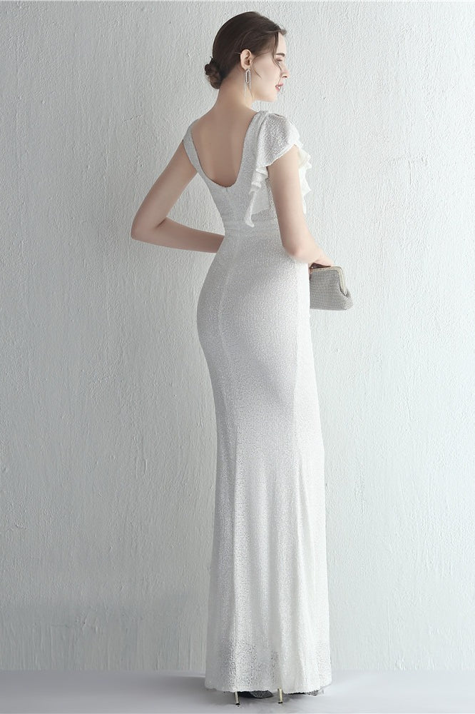 Sequin High Neck Cap Sleeve Ruffle High Split Mermaid Gown