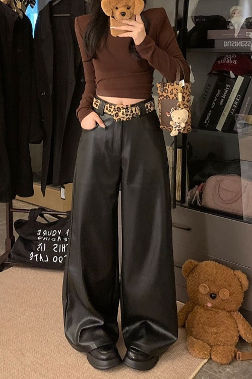 High Waist Faux Leather Baggy Wide Leg Pants