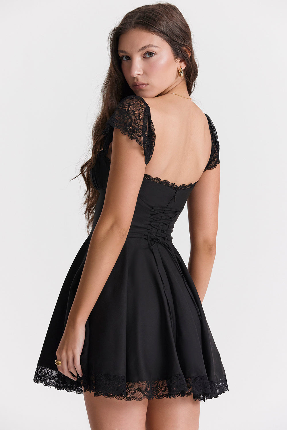 Lace Trim Square Neck Ruched Flutter Strap Fit and Flare Mini Dress