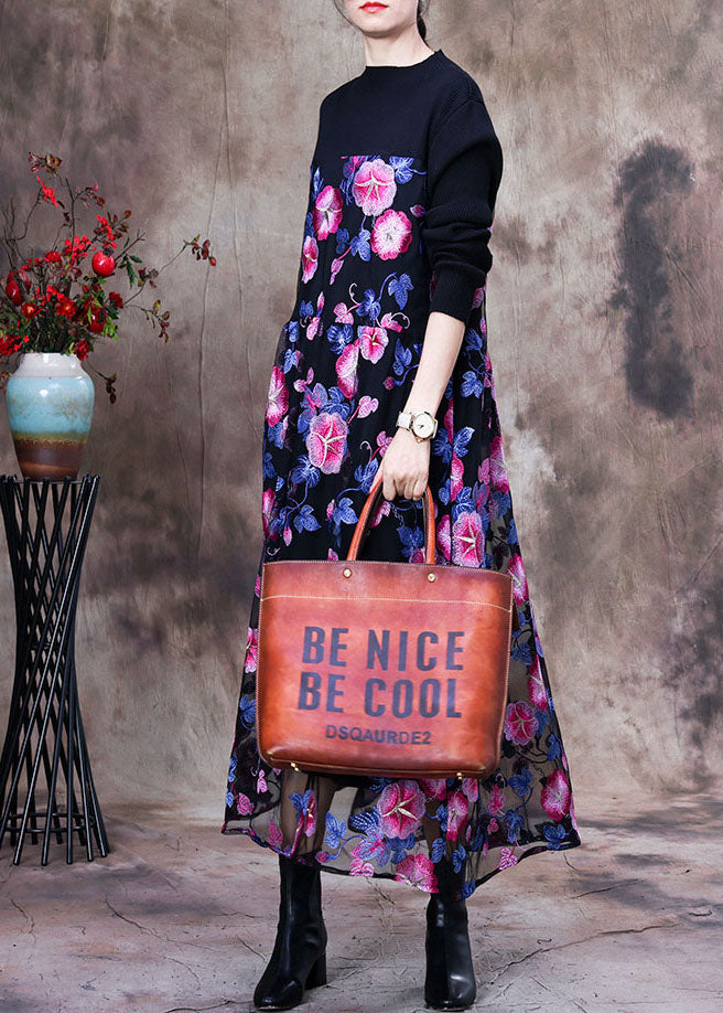 Floral Embroidered Mesh Overlay Long Sleeve Knit Maxi Dress