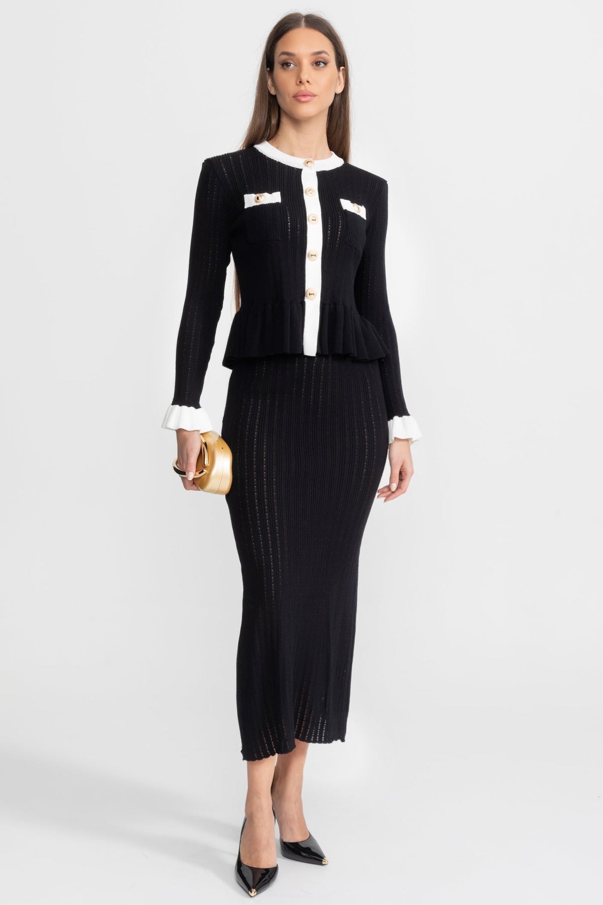 Pointelle Knit Contrast Trim Ruffle Cuff Peplum Cardigan and Column Midi Skirt Two Piece Set