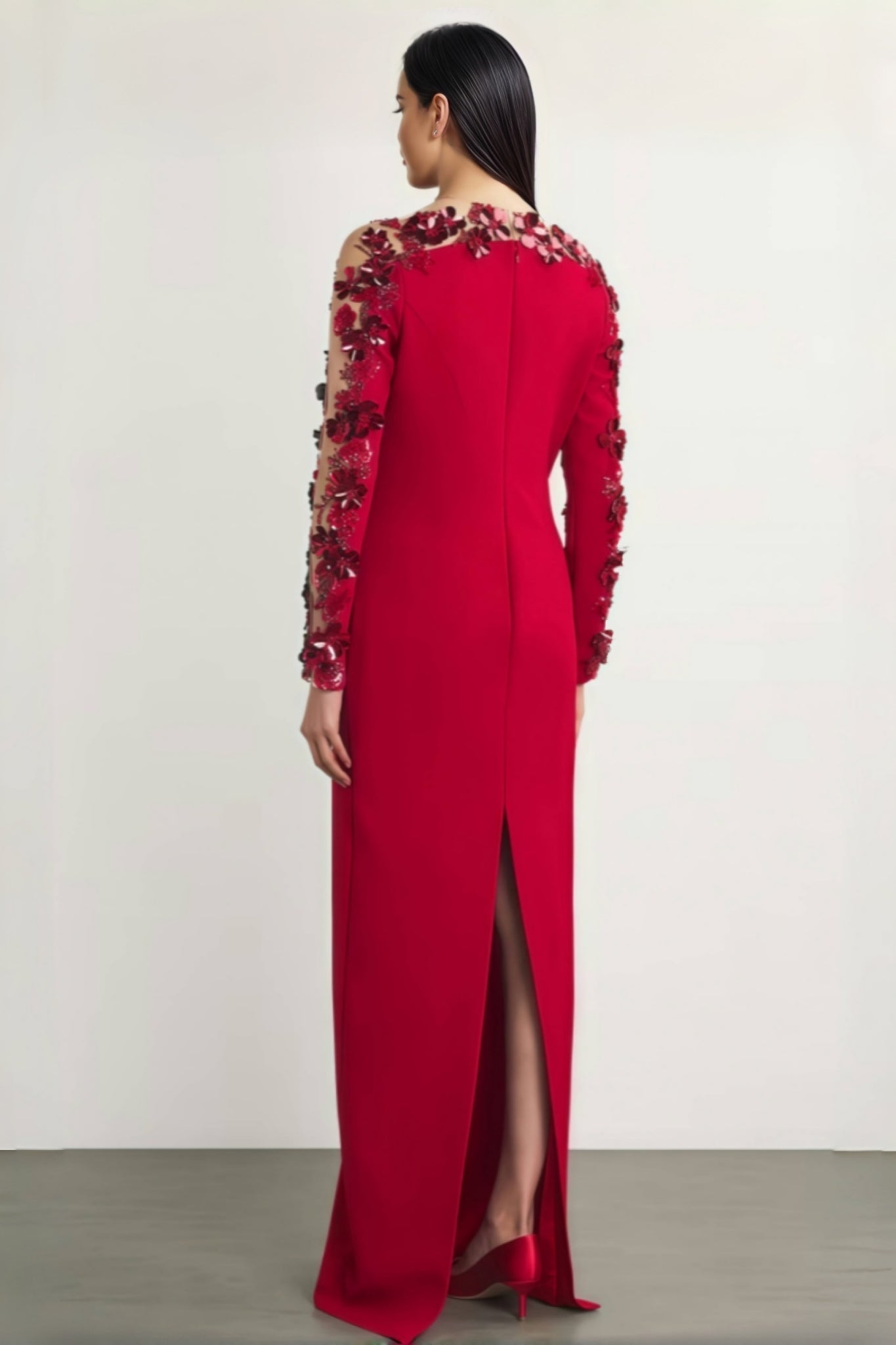 Thety Red 3D Floral Mesh Maxi Dress - View 2