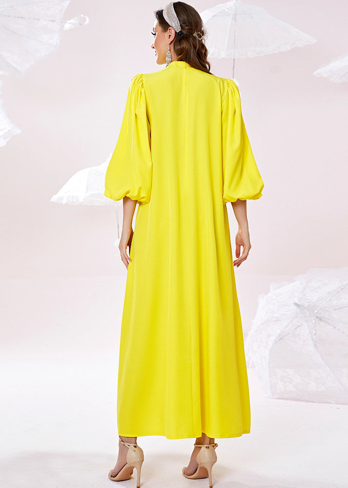 Rhinestone Mock Neck Cut Out Puff Sleeve Maxi Dress