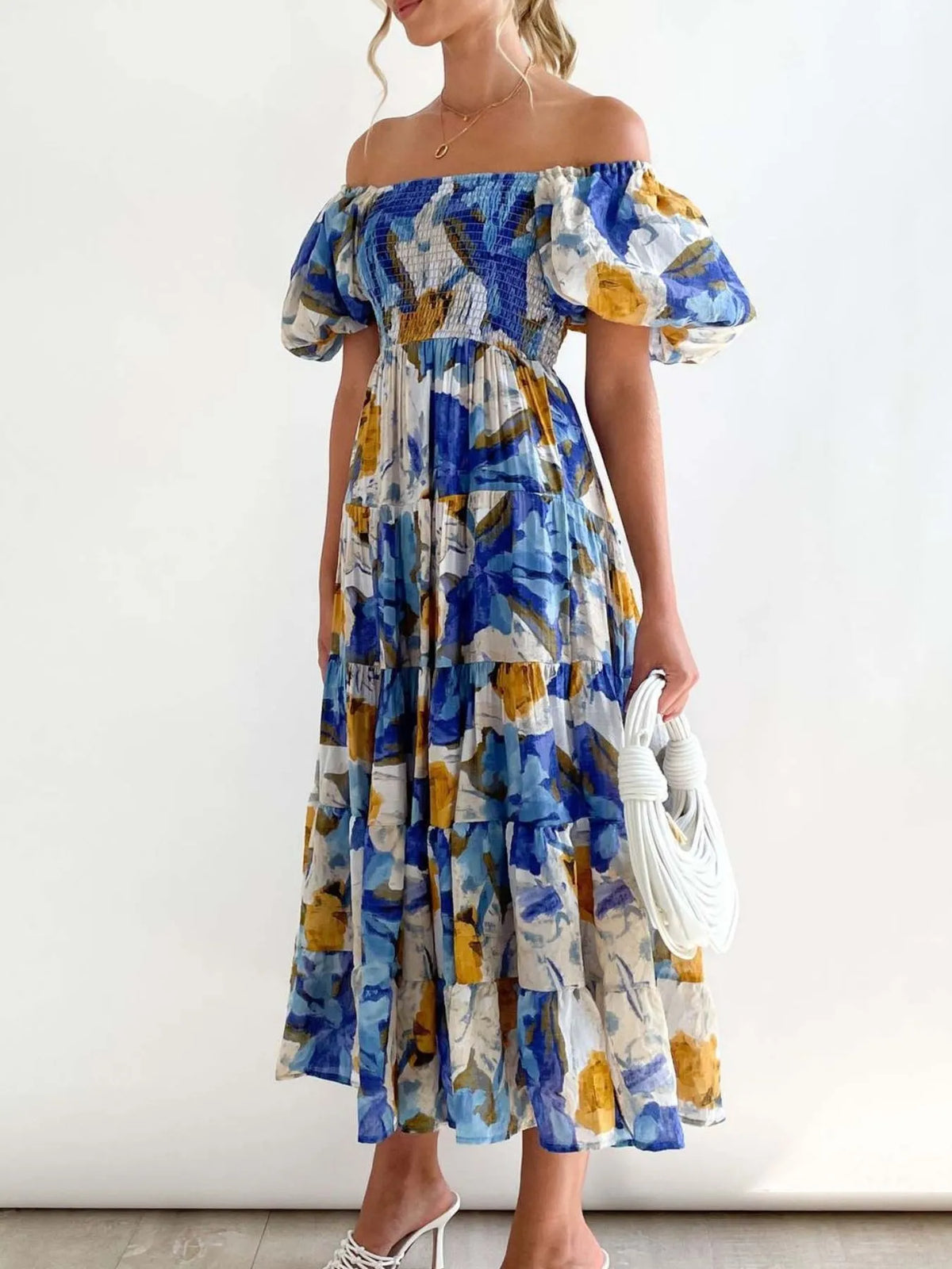 Floral Off Shoulder Smocked Puff Sleeve Tiered Maxi Dress 13