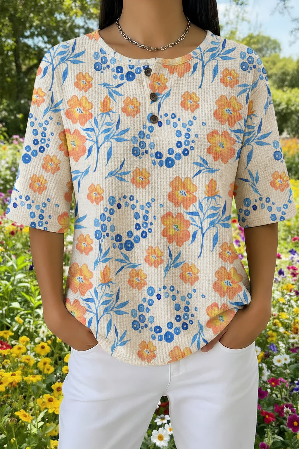Womens White Orange Daisy Print Casual Waffle Cotton Shirt