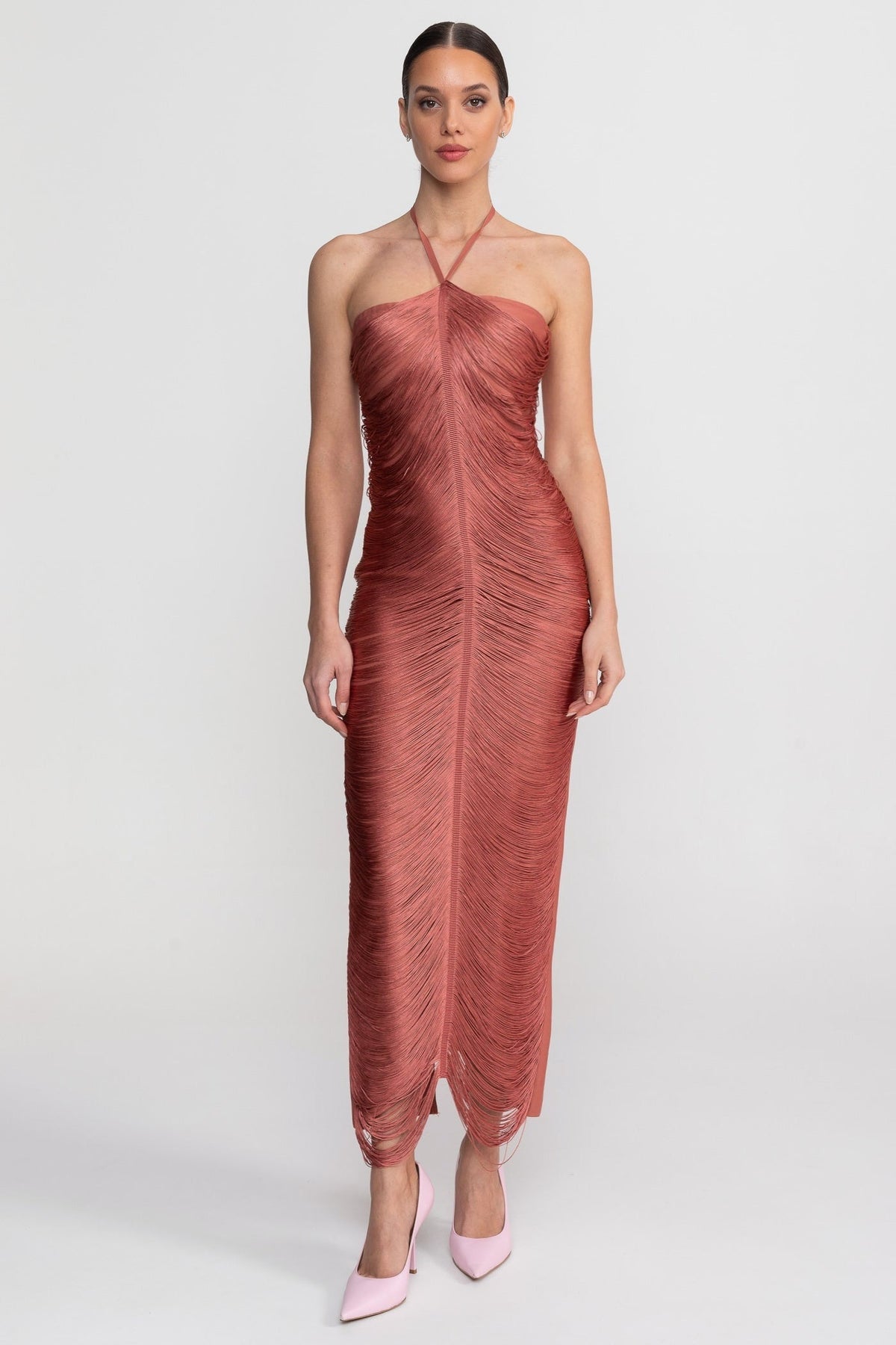 Halter Neck Draped Fringe Strand Bodycon Midi Dress