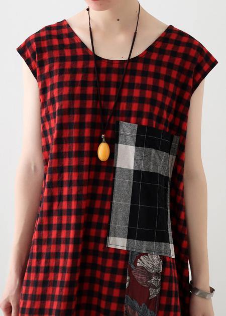 Gingham Plaid Patch Pocket Sleeveless Tiered Hem Loose Midi Dress