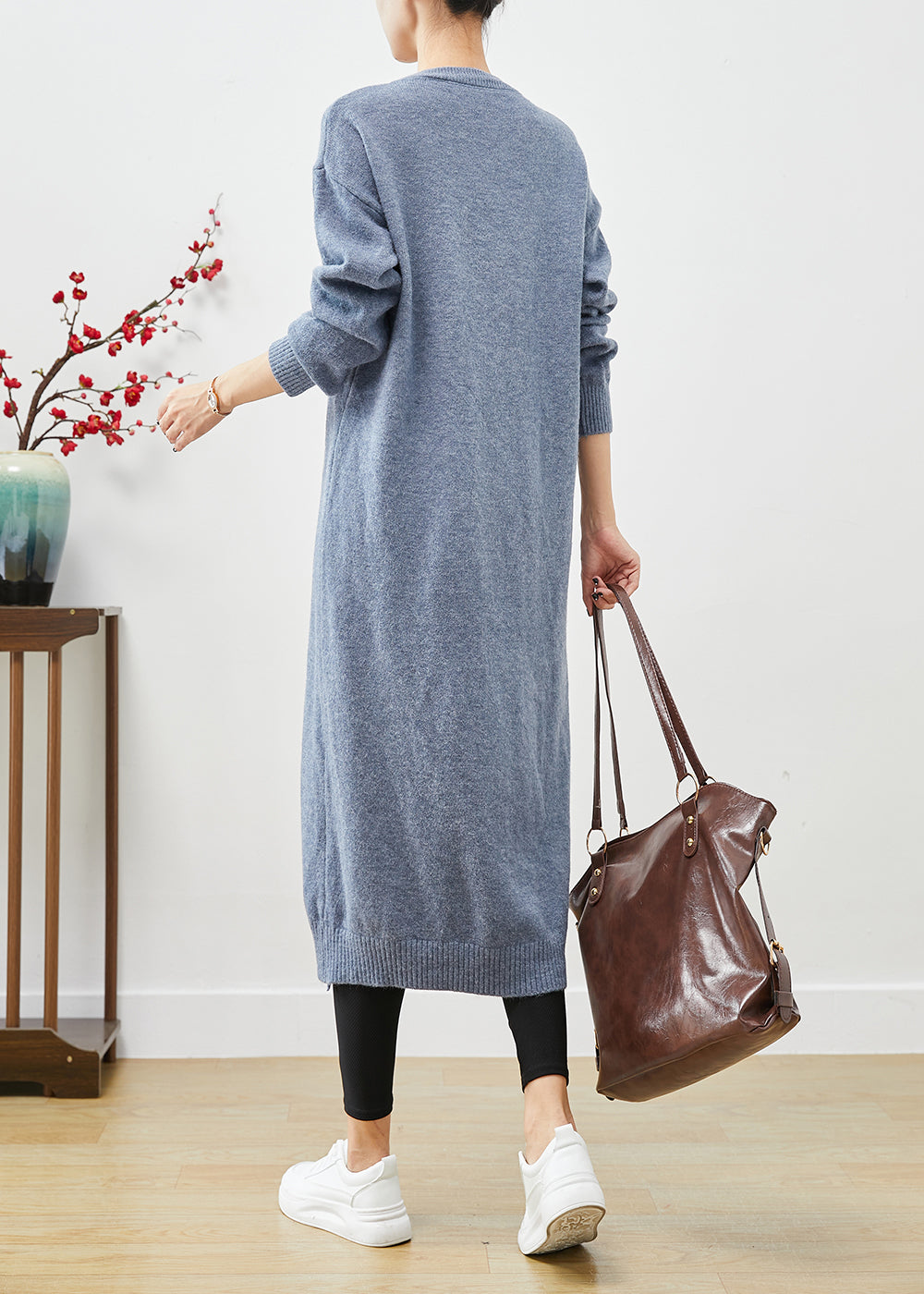Knit Crew Neck Long Sleeve Ribbed High Split Sweater Midi Dress