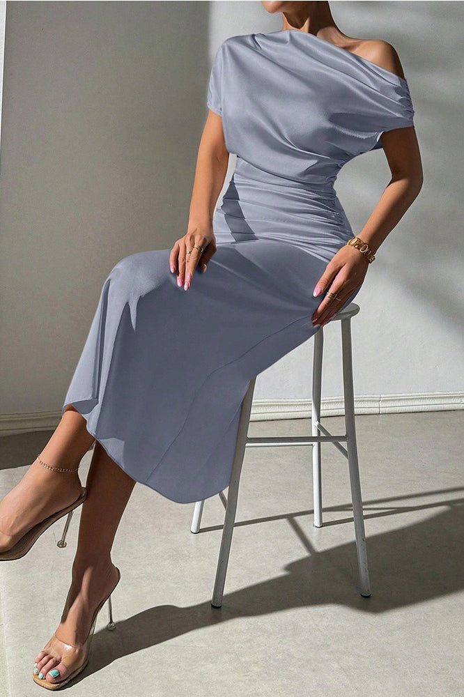 Satin One Shoulder Ruched Pleated Asymmetric Midi Dress