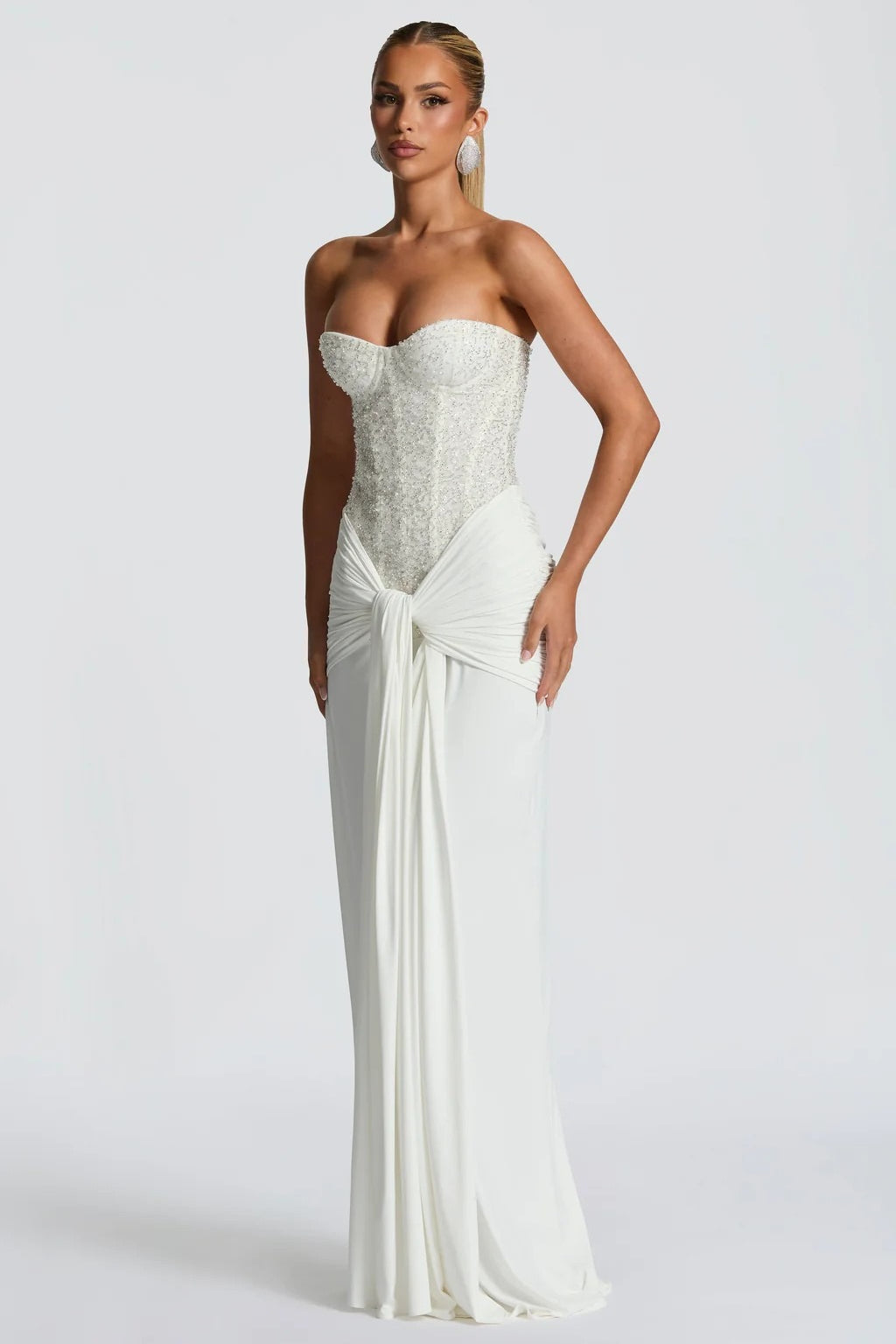 Sequin Strapless Corset Ruched High Split Mermaid Maxi Dress