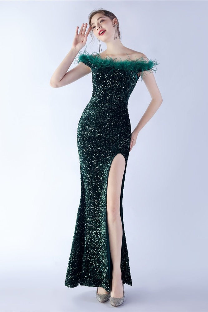 Sequin Off Shoulder Feather Trim High Split Mermaid Gown
