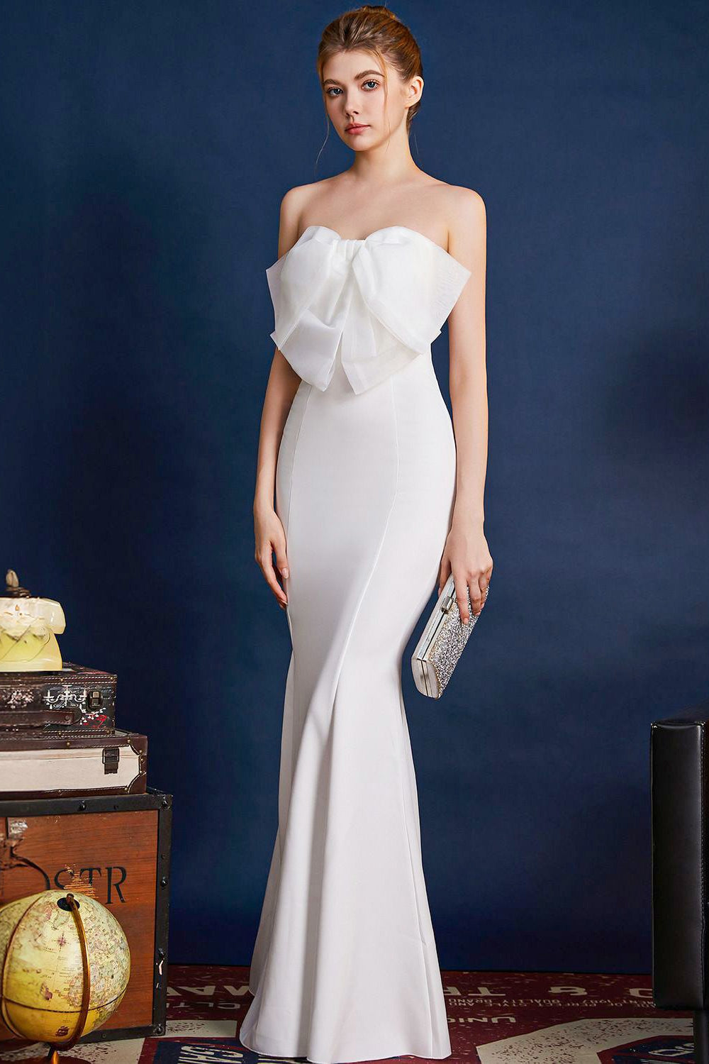 Strapless Organza Bow Bustier Mermaid Gown