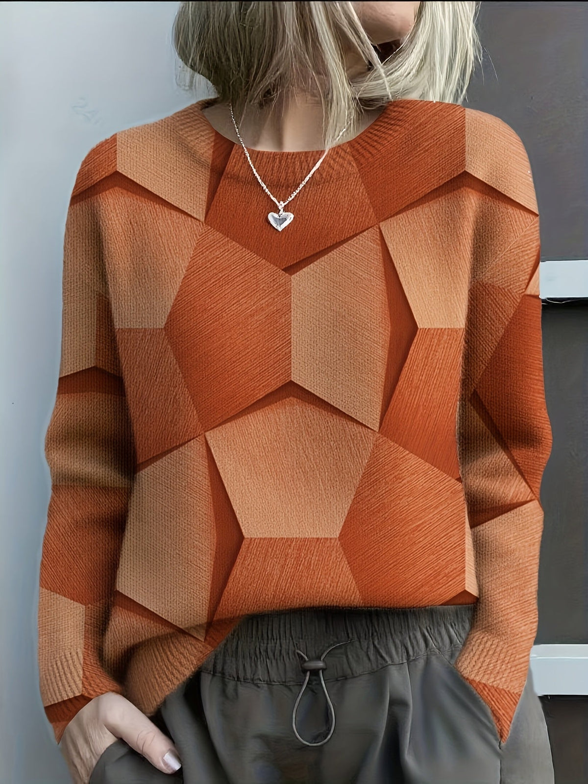 Crew Neck Geometric Colorblock Knit Sweater