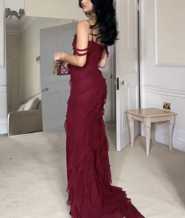 Burgundy Off Shoulder Straps Multi-layered Ruffles Long Prom Dress Chiffon Evening Dress cc1433