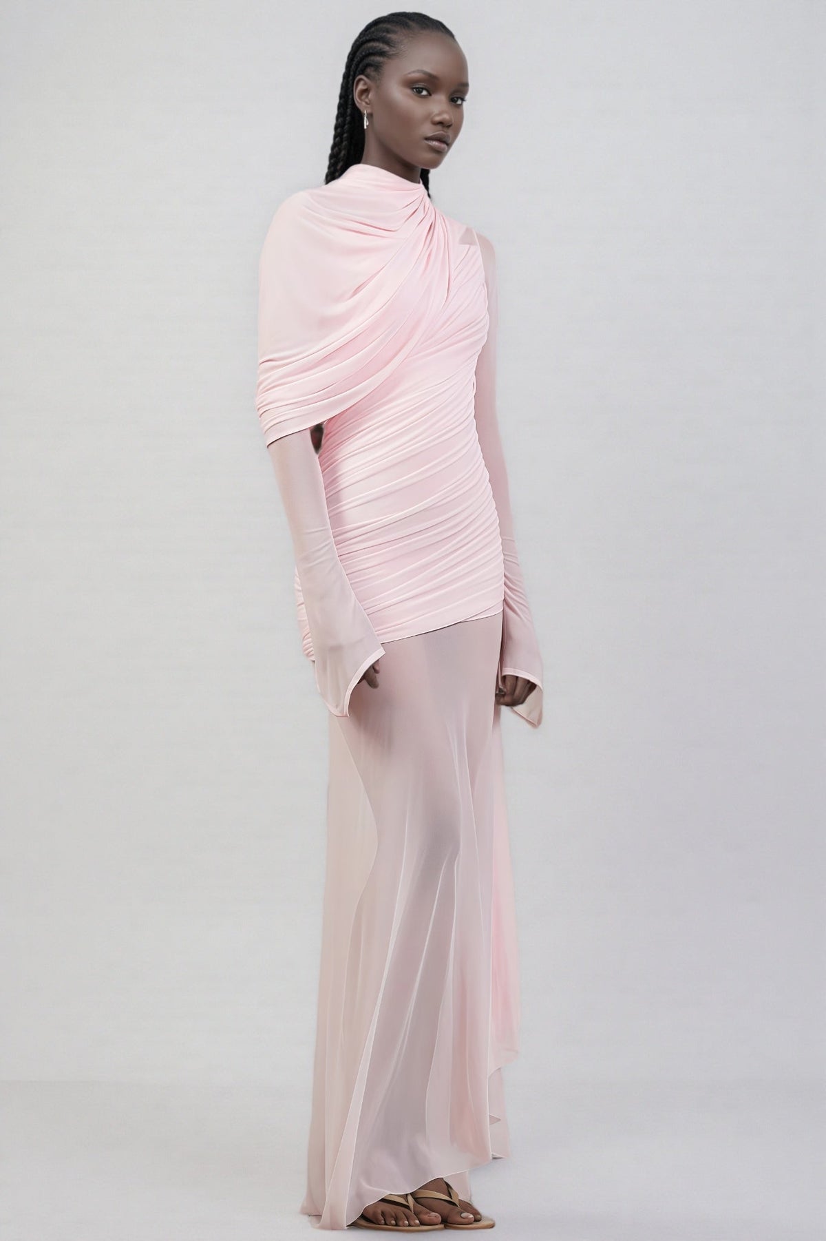 Mock Neck Long Sleeve Draped Ruched Sheer Mesh Maxi Dress 2