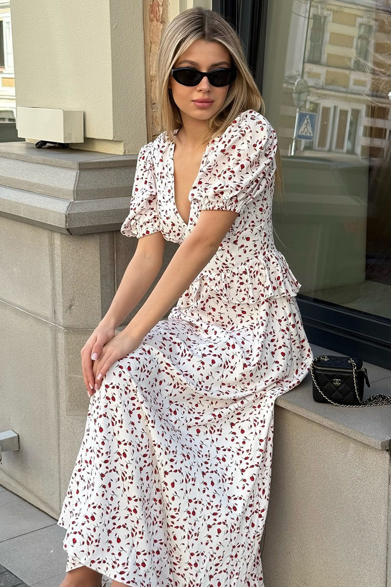 Deep V-Neck Floral Dress