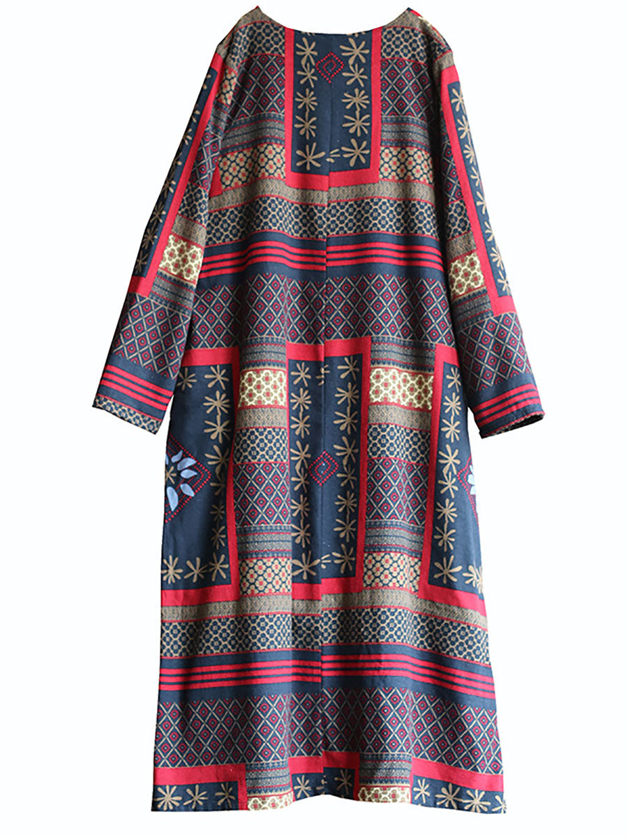 Folk Patchwork Print Long Sleeve Contrast Cuff Crew Neck Maxi Dress