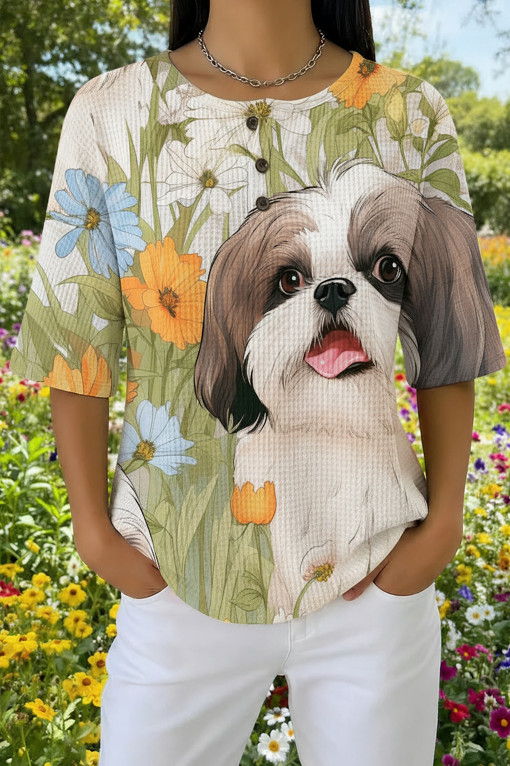 Womens Light Blue Shih Tzu Print Casual Waffle Cotton Shirt