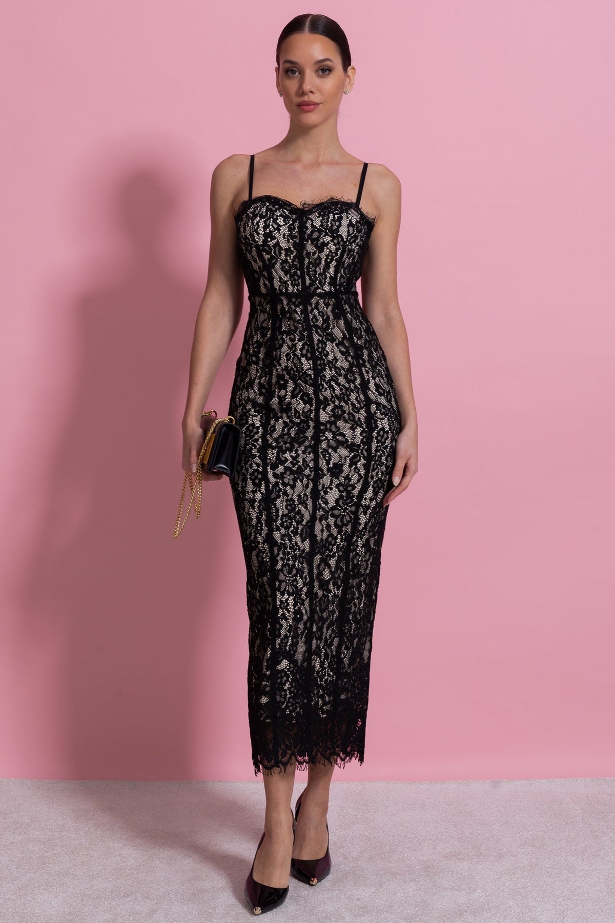 Lace Sweetheart Neck Spaghetti Strap Corset Bodice Scalloped Hem Midi Dress 3