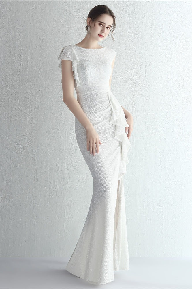Sequin High Neck Cap Sleeve Ruffle High Split Mermaid Gown