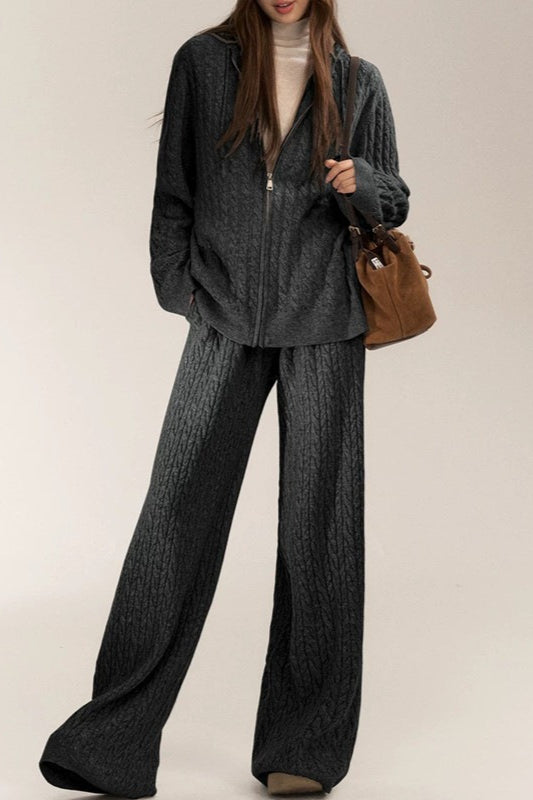 Cable Knit Zip Front Hoodie and Wide Leg Pants Two Piece Set 4