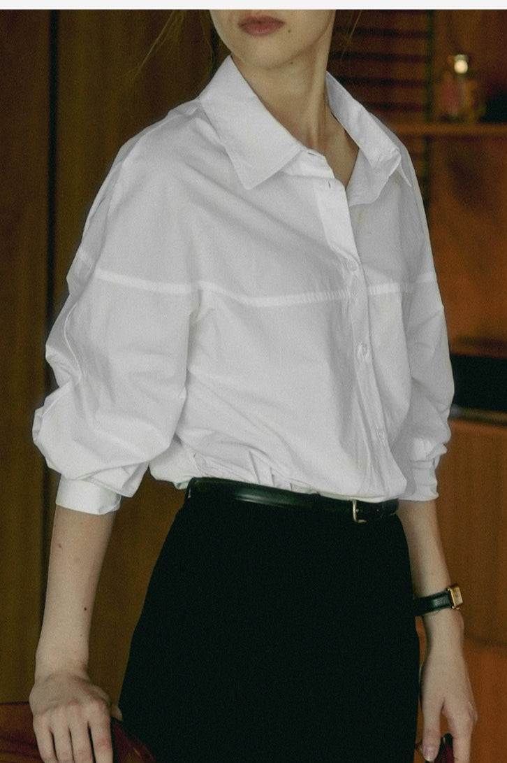 Collared Long Sleeve Seam Detail Button Front Poplin Shirt