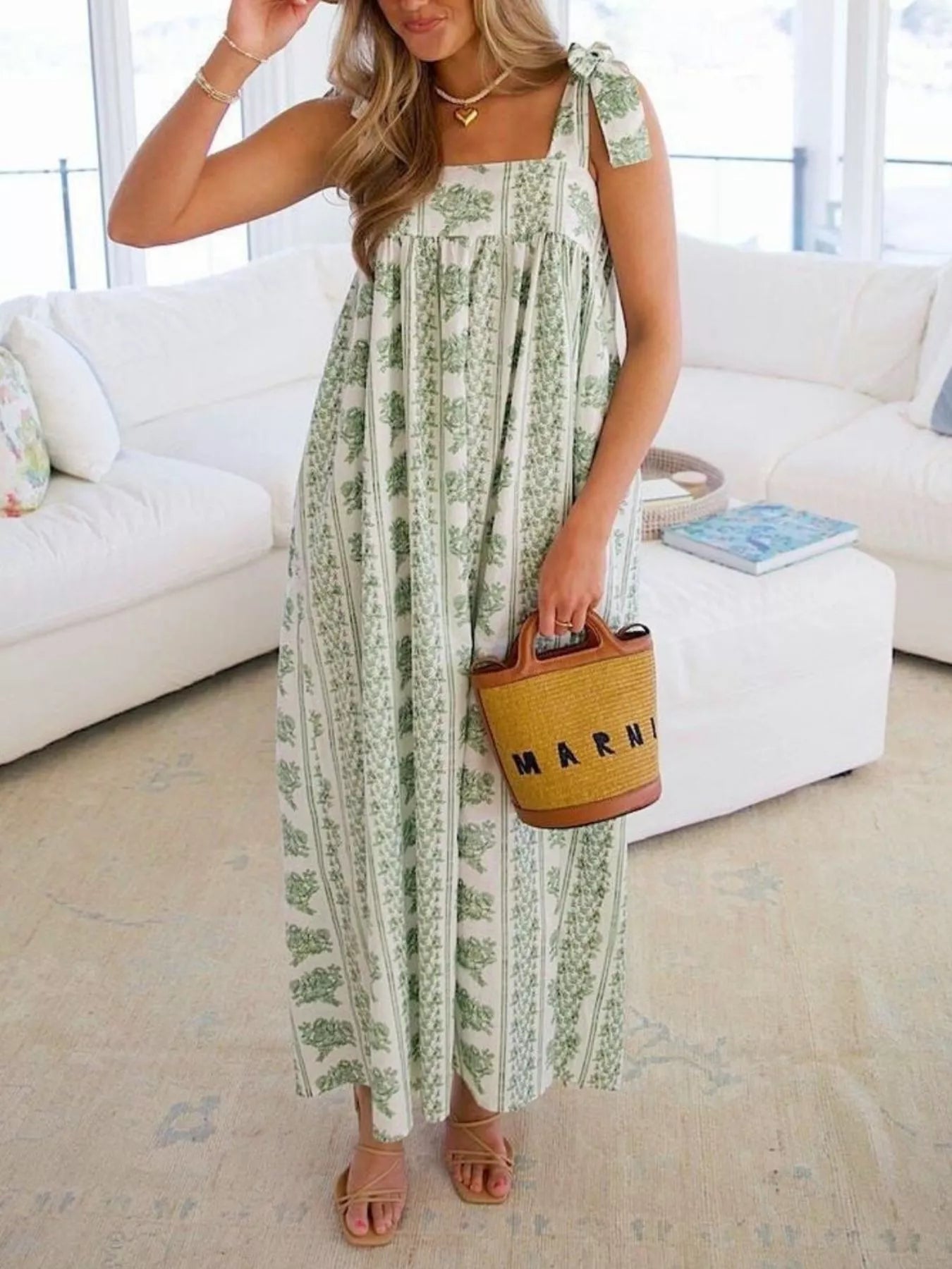 Elegant Floral Print Tie-Shoulder Dress Gum Leaf