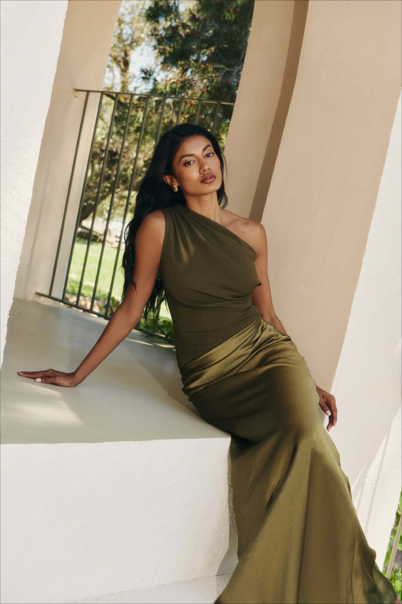 Satin One Shoulder Ruched Bodycon Maxi Dress