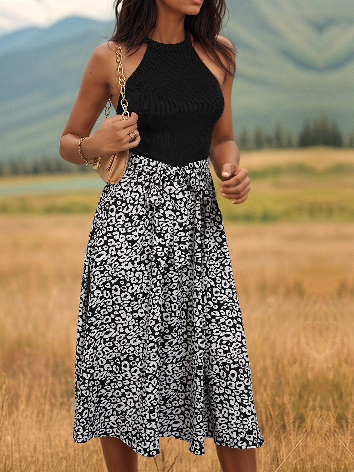Leopard Halter Neck Midi Dress Black