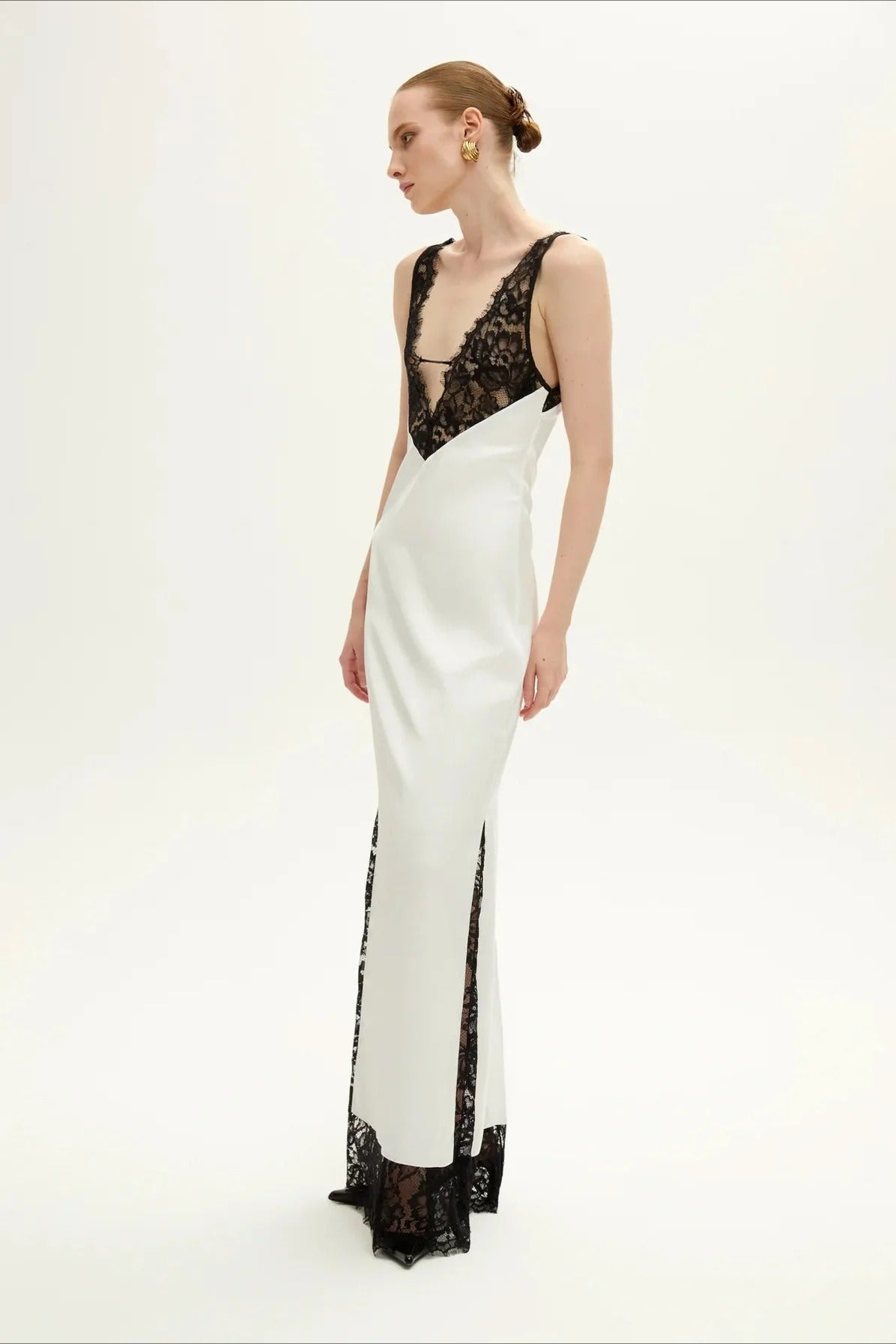 Satin Deep V-Neck Lace Bodice Lace Trim Hem Slip Maxi Gown