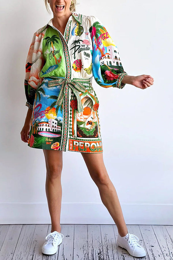Scenic Print Puff Sleeve Shirt and Belted Mini Skirt Two Piece Set