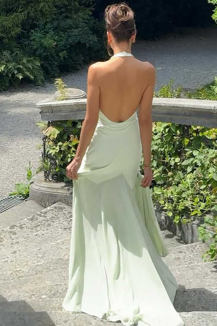 Halter Neck Deep V-Neck Backless Draped Maxi Party Dress