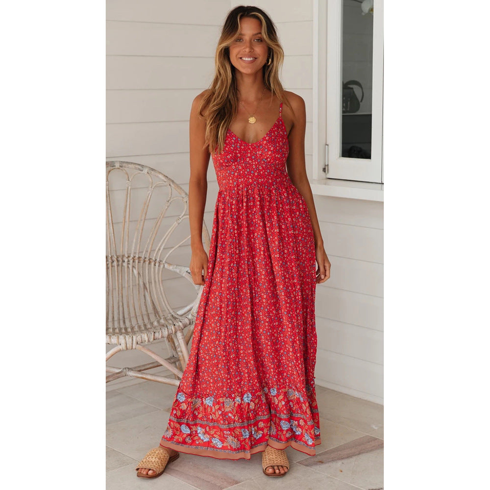 Boho Ditsy Floral Print V-Neck Spaghetti Strap Border Hem Maxi Dress 2