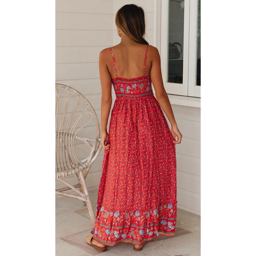 Boho Ditsy Floral Print V-Neck Spaghetti Strap Border Hem Maxi Dress 3