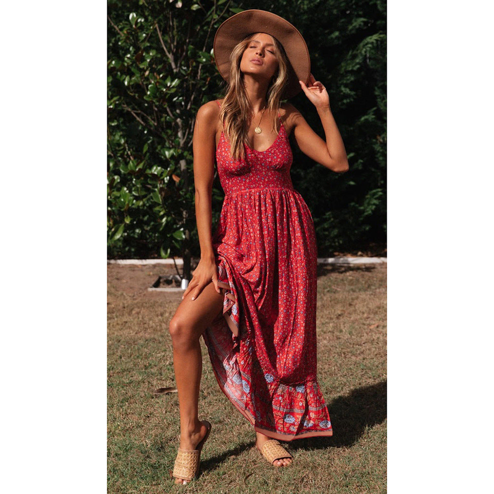 Boho Ditsy Floral Print V-Neck Spaghetti Strap Border Hem Maxi Dress 4