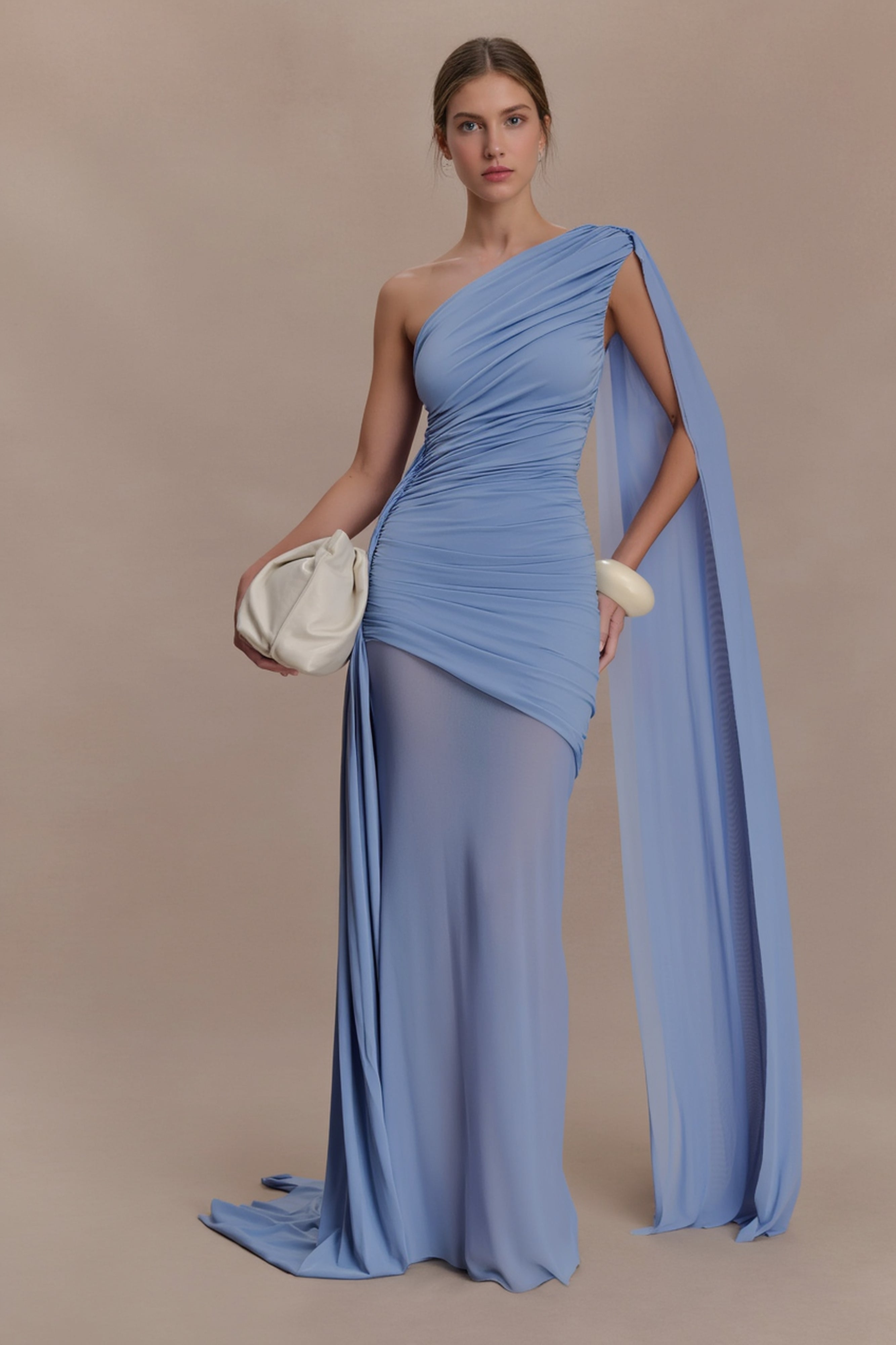 Elegant Mesh Paneled One Shoulder Cape Fitted Party Dress