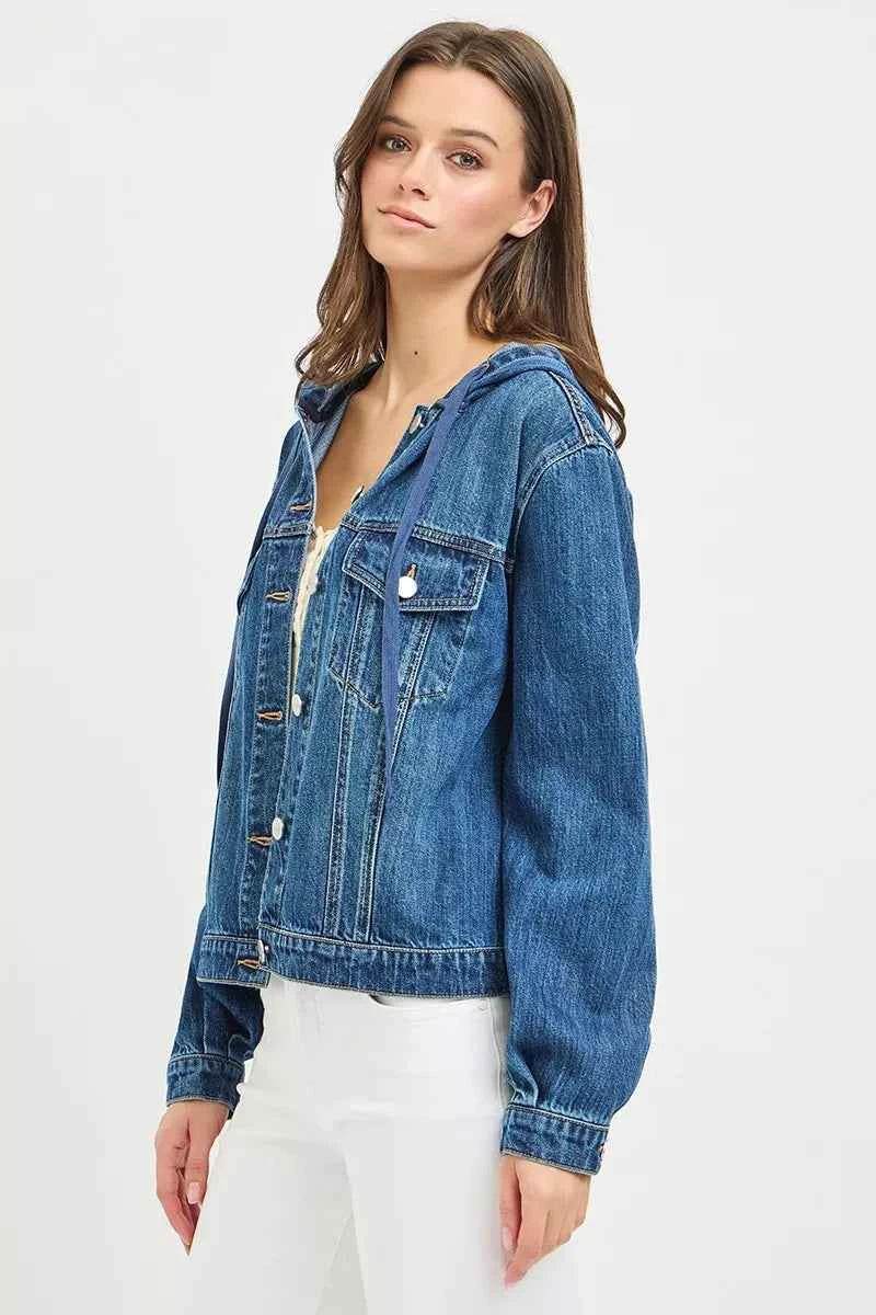 Hooded Drawstring Button Front Chest Pocket Denim Jacket 4