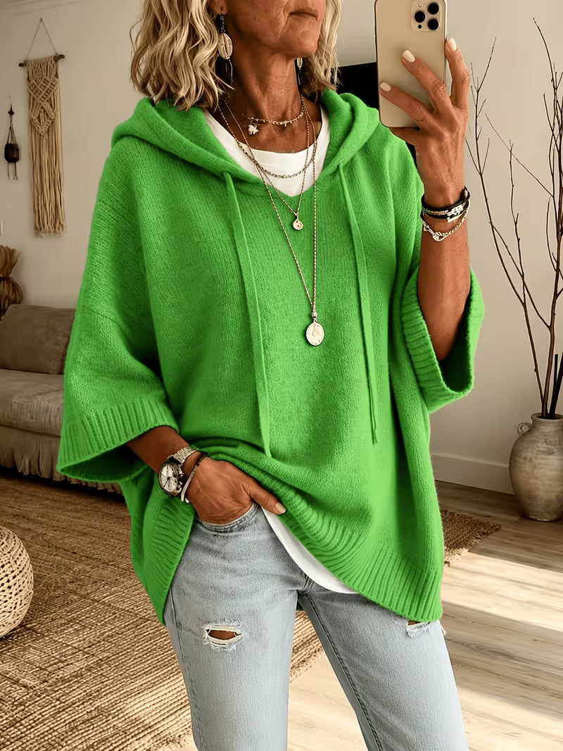 Hooded Drawstring Oversized Knit Poncho Sweater