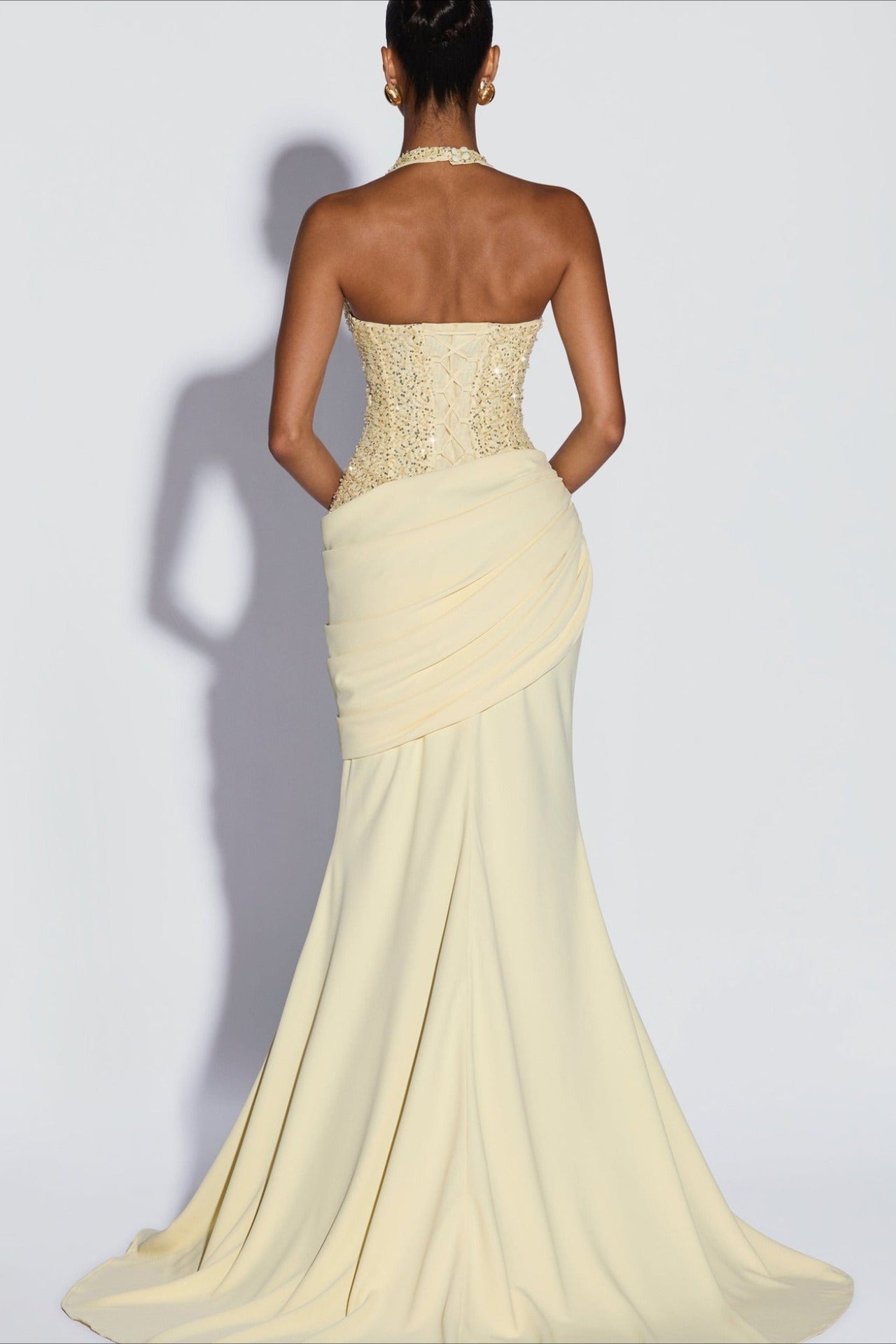Sequin Patch Halter Deep V Ruched Train Maxi Bodycon Dress